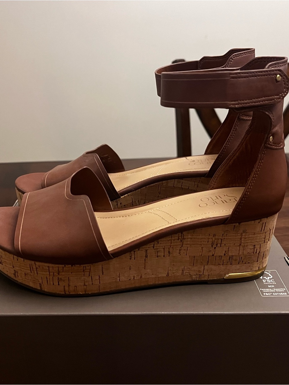 Franco Sarto Brown Cork Wedge Sandals with Ankle Strap
